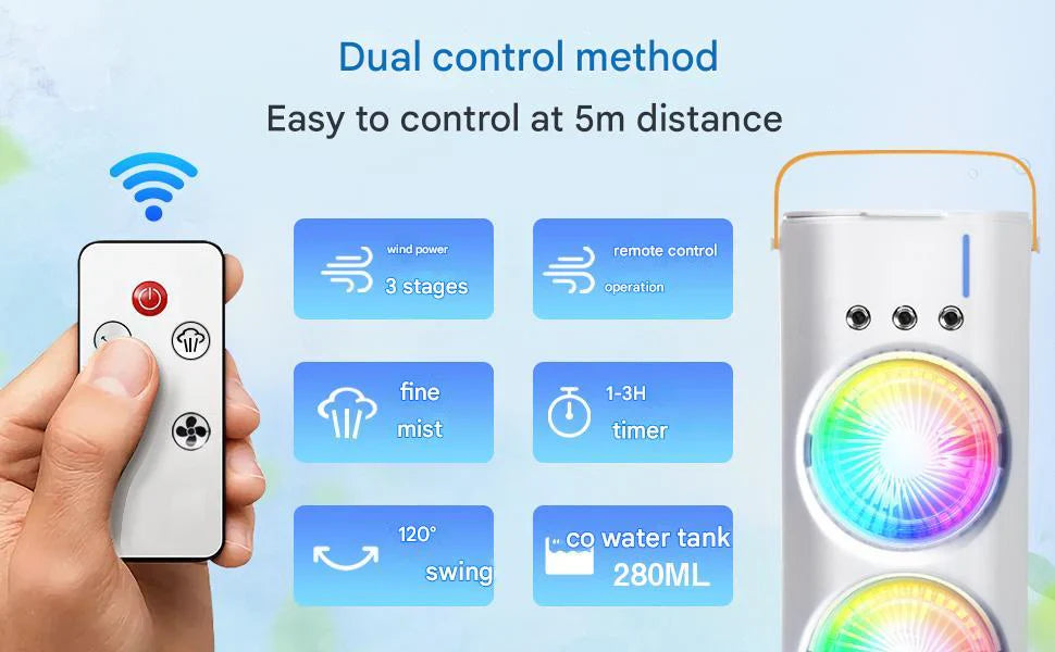 2025 Double-Ended Spray Cooler – USB Rechargeable Mini Fan with LED Light & Remote Control 3-Speed Quiet Cooling | 280ml Water Tank | Portable & Energy-Efficient | Ideal for Home, Office, and Travel