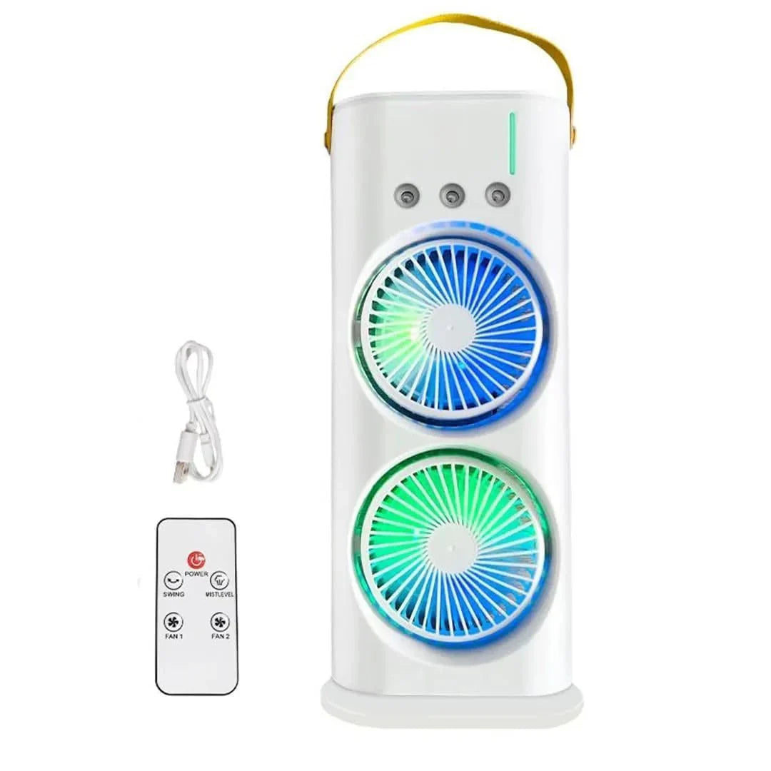 2025 Double-Ended Spray Cooler – USB Rechargeable Mini Fan with LED Light & Remote Control 3-Speed Quiet Cooling | 280ml Water Tank | Portable & Energy-Efficient | Ideal for Home, Office, and Travel
