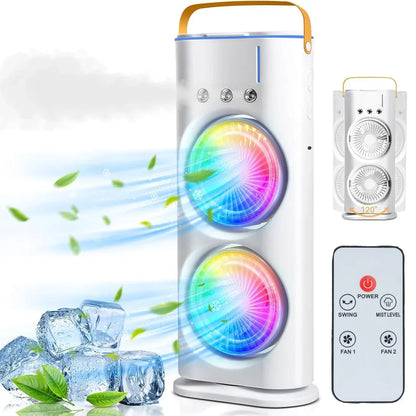 2025 Double-Ended Spray Cooler – USB Rechargeable Mini Fan with LED Light & Remote Control 3-Speed Quiet Cooling | 280ml Water Tank | Portable & Energy-Efficient | Ideal for Home, Office, and Travel