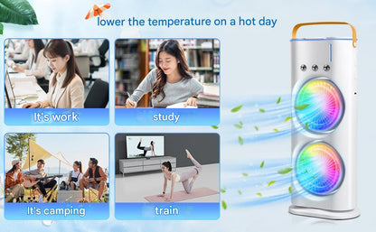2025 Double-Ended Spray Cooler – USB Rechargeable Mini Fan with LED Light & Remote Control 3-Speed Quiet Cooling | 280ml Water Tank | Portable & Energy-Efficient | Ideal for Home, Office, and Travel